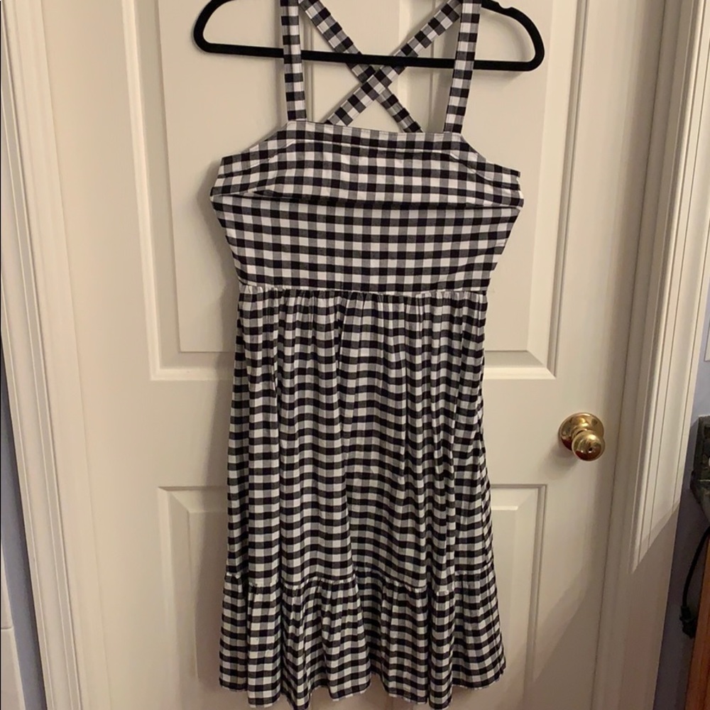 Black & white criss cross back gingham strap dress